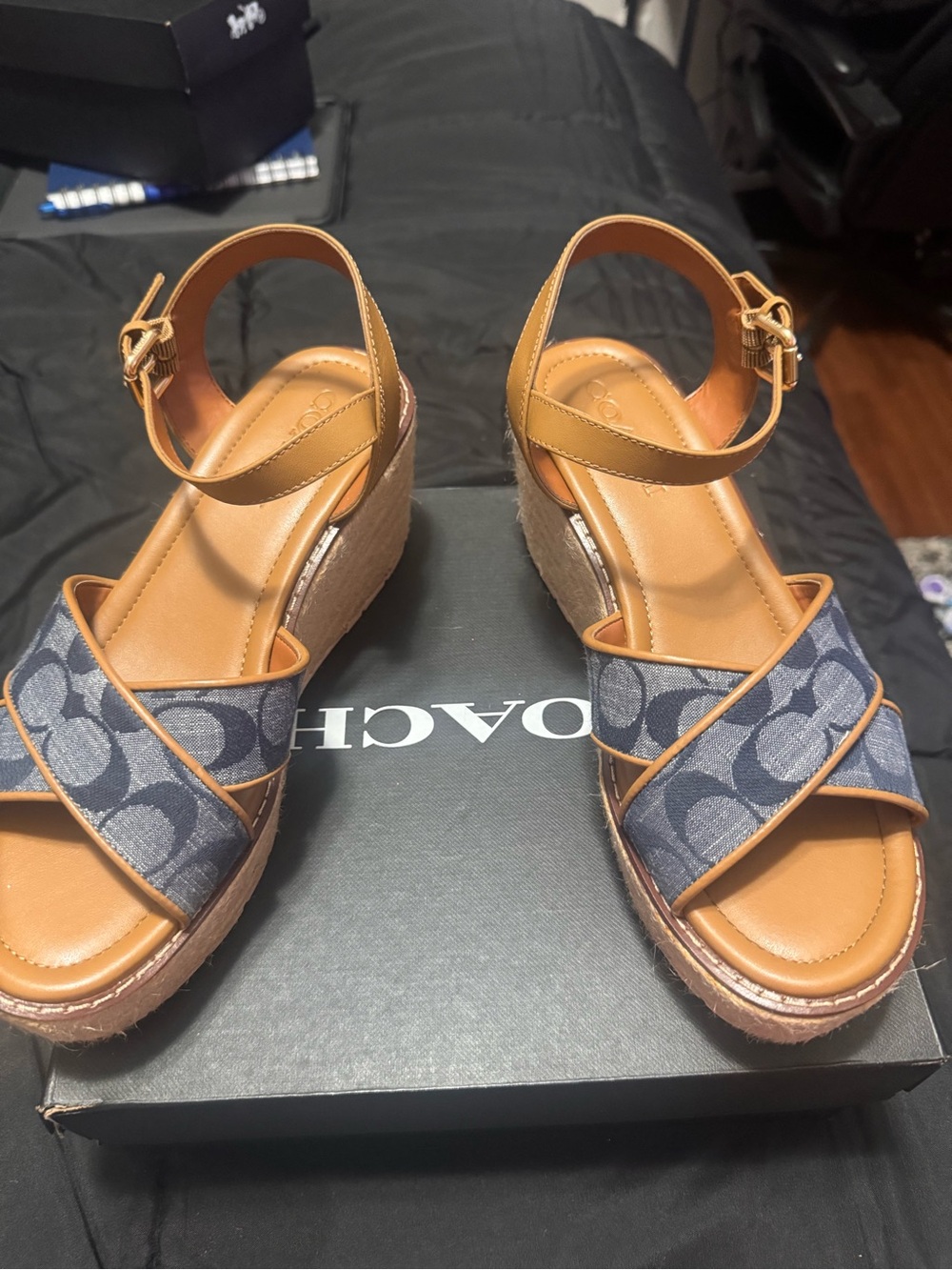 Coach Tan Leather and Navy Signature Canvas Wedge Sandals